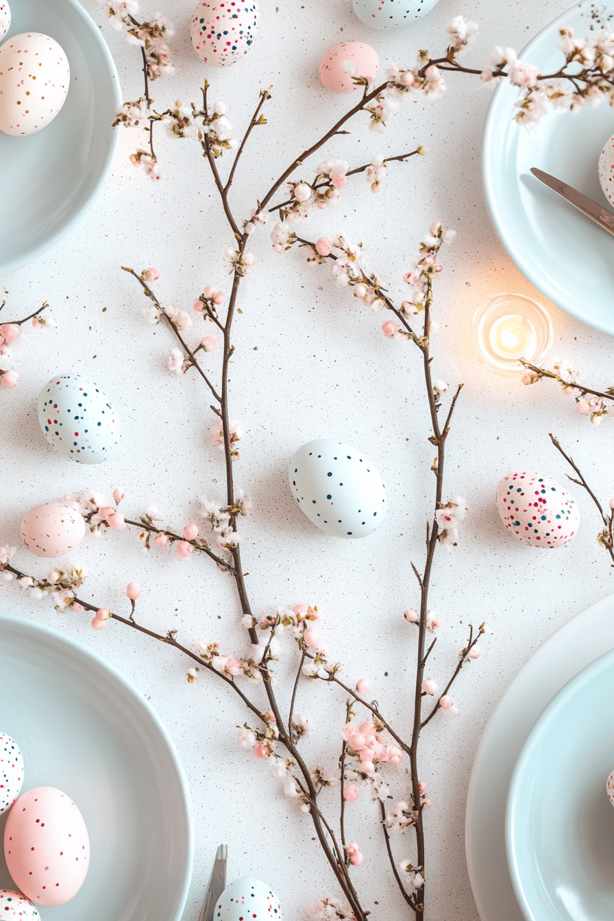Dekorierte Ostereier und blühende Zweige auf einem Tisch.