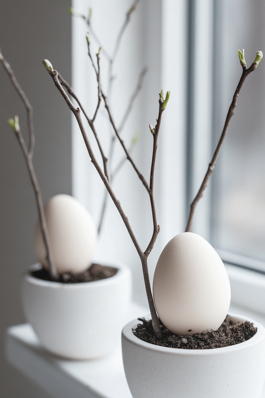 Zwei weiße Töpfe mit Erde, in denen Eier von Zweigen gehalten werden.
