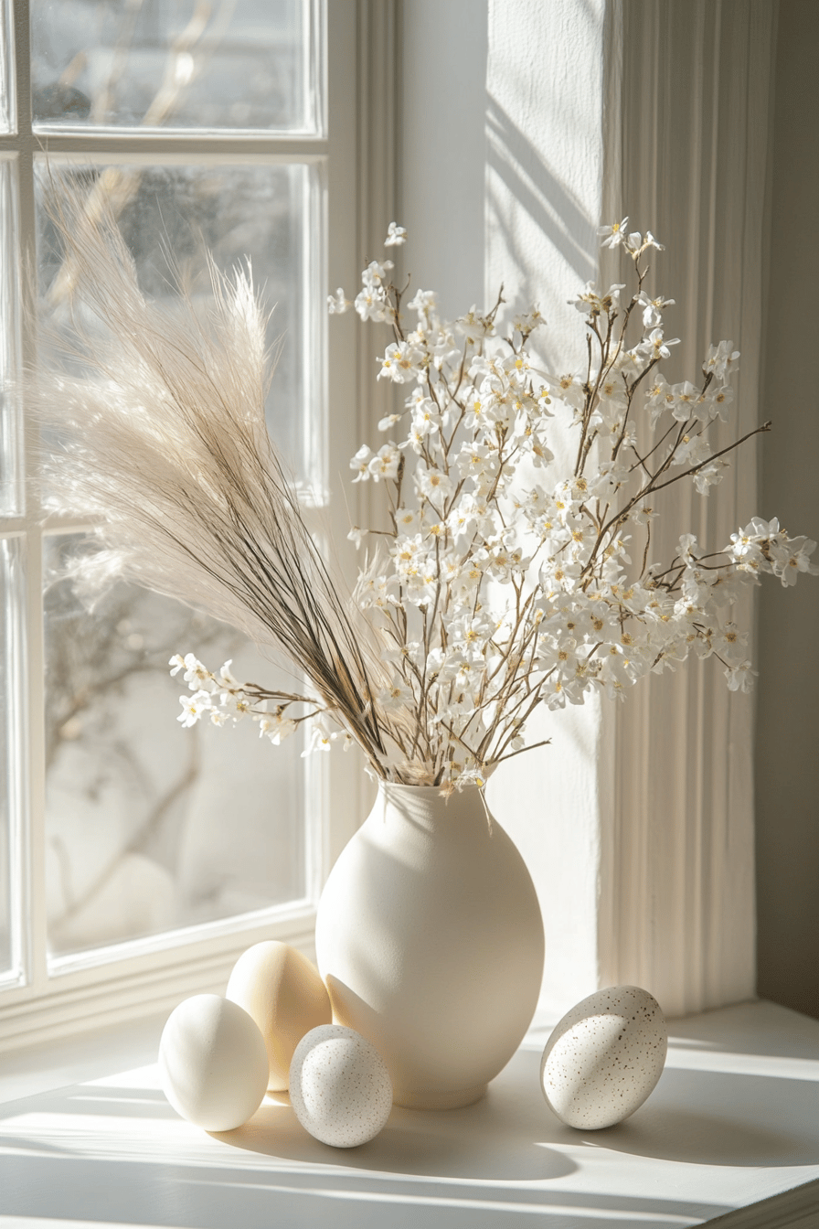 Vase mit Trockenblumen und Federn auf einem Fensterbrett, umgeben von dekorativen Eiern.
