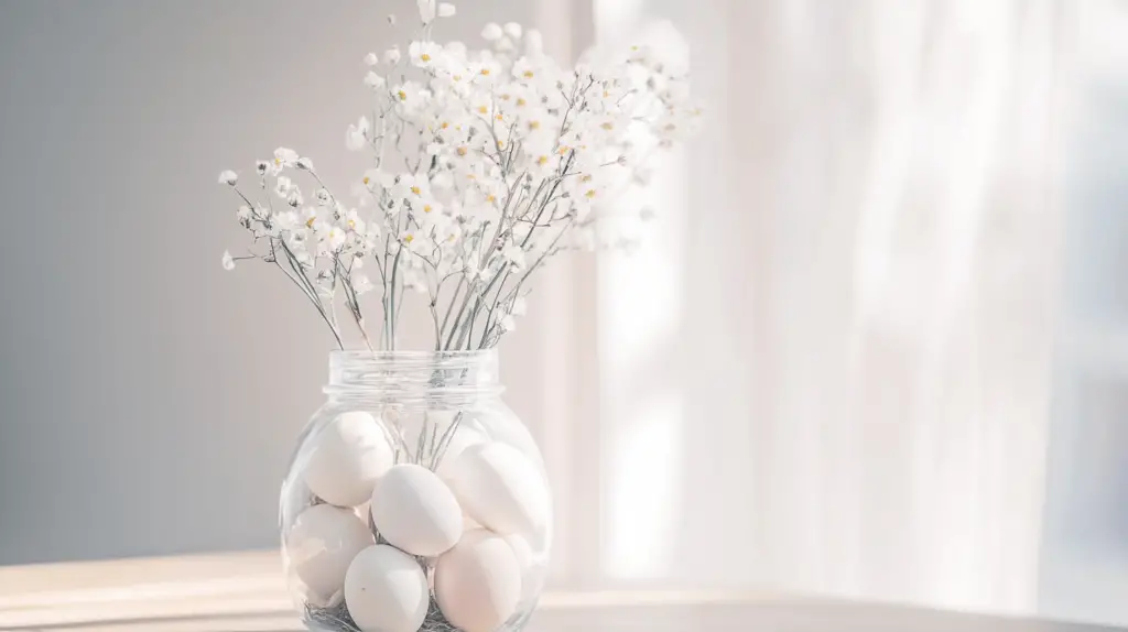 Glas mit Eiern und weißen Blumen