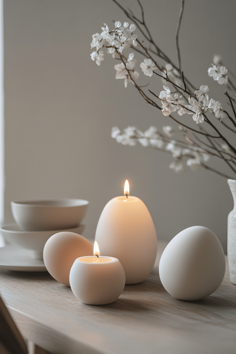 Moderne Kerzenhalter in Ei-Form auf einem Tisch mit blühenden Zweigen im Hintergrund.