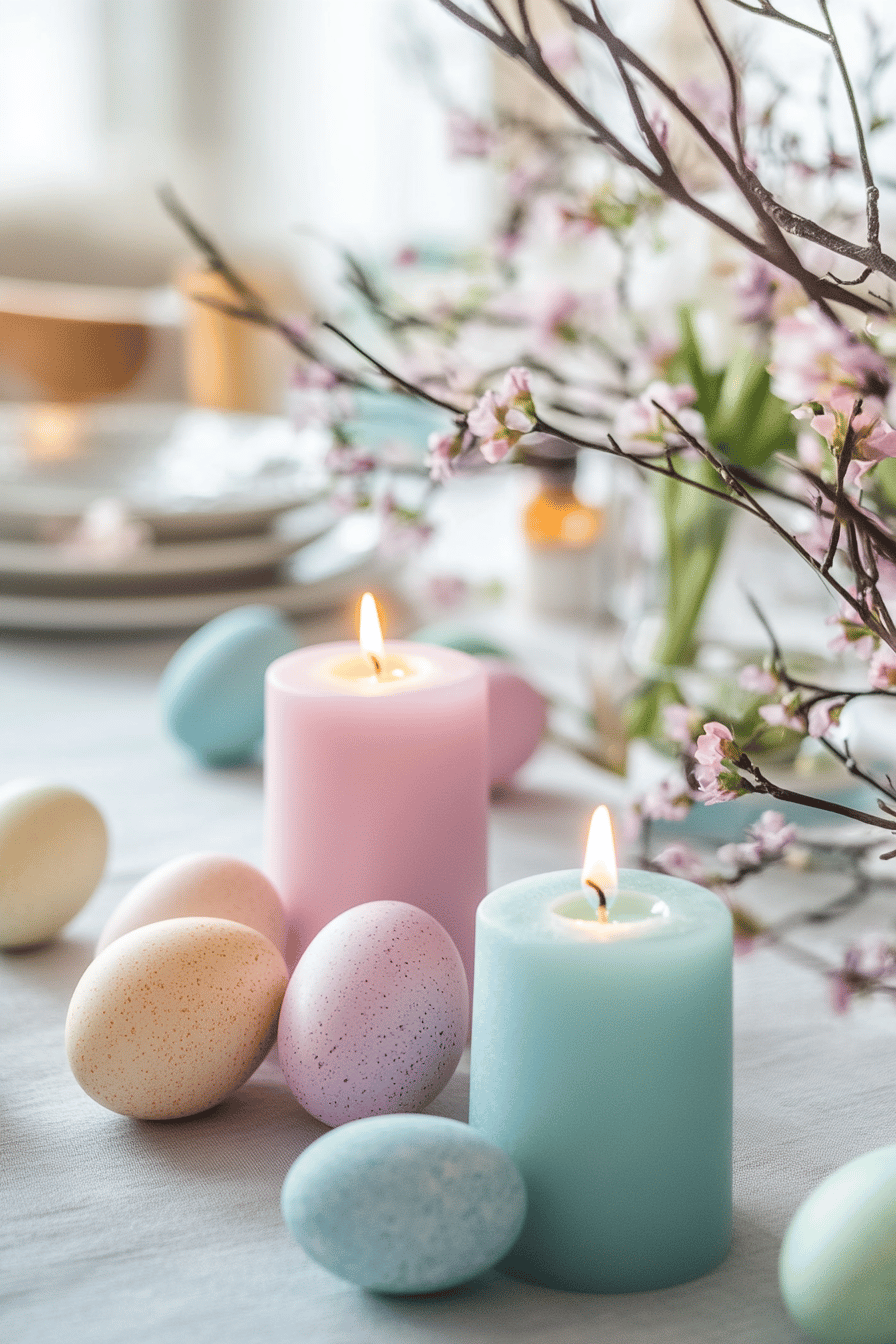 Pastellfarbene LED-Kerzen und Ostereier in einer frühlingshaften Tischdekoration.