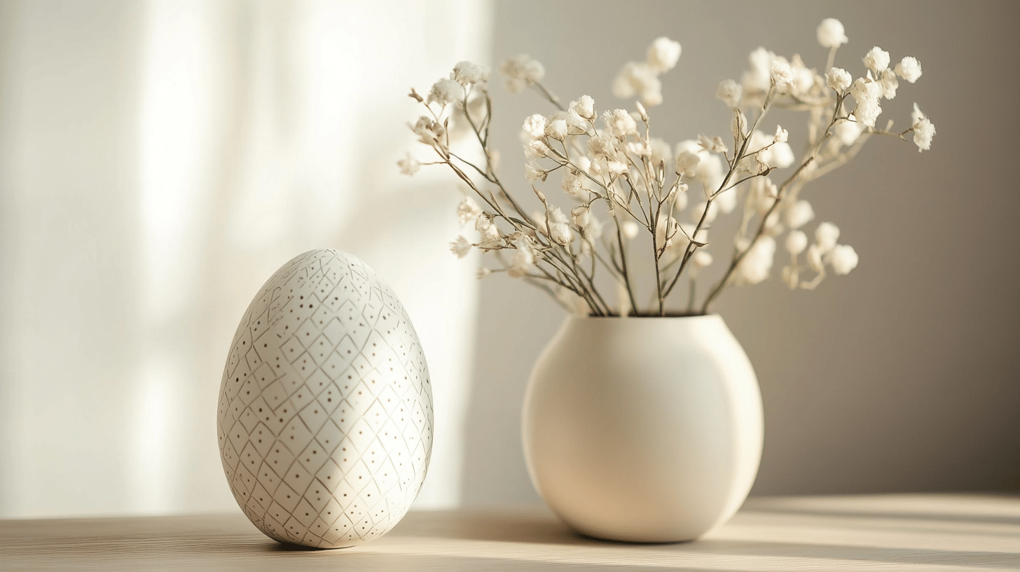 Dekoei neben Vase mit Trockenblumen.