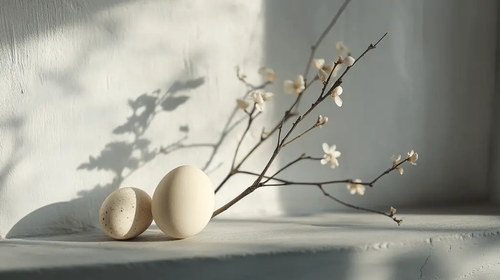 Zwei Eier und Blumen im Sonnenlicht