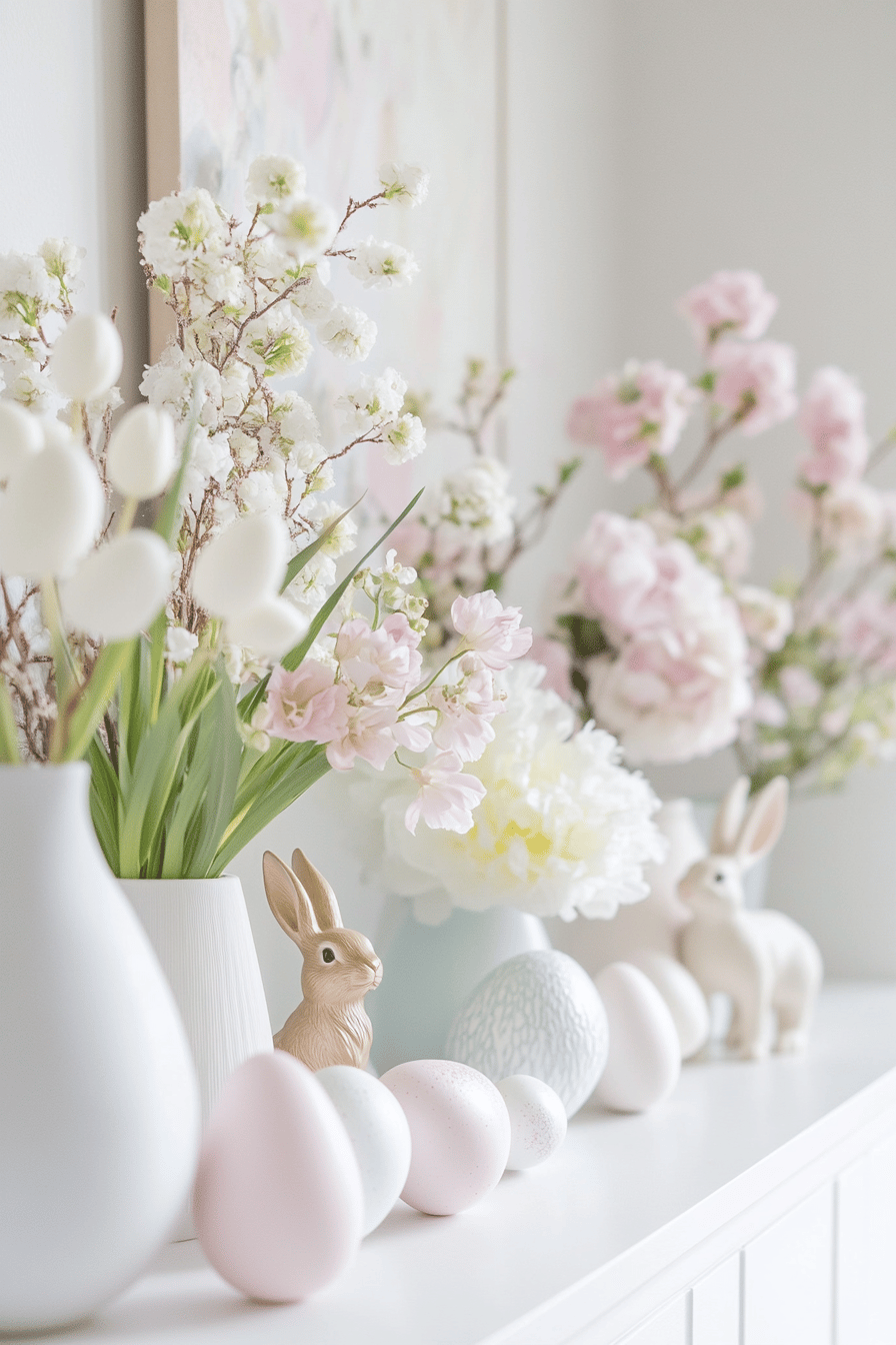 Pastellfarbene Osterdekorationen mit Blumen und Hasenfiguren.