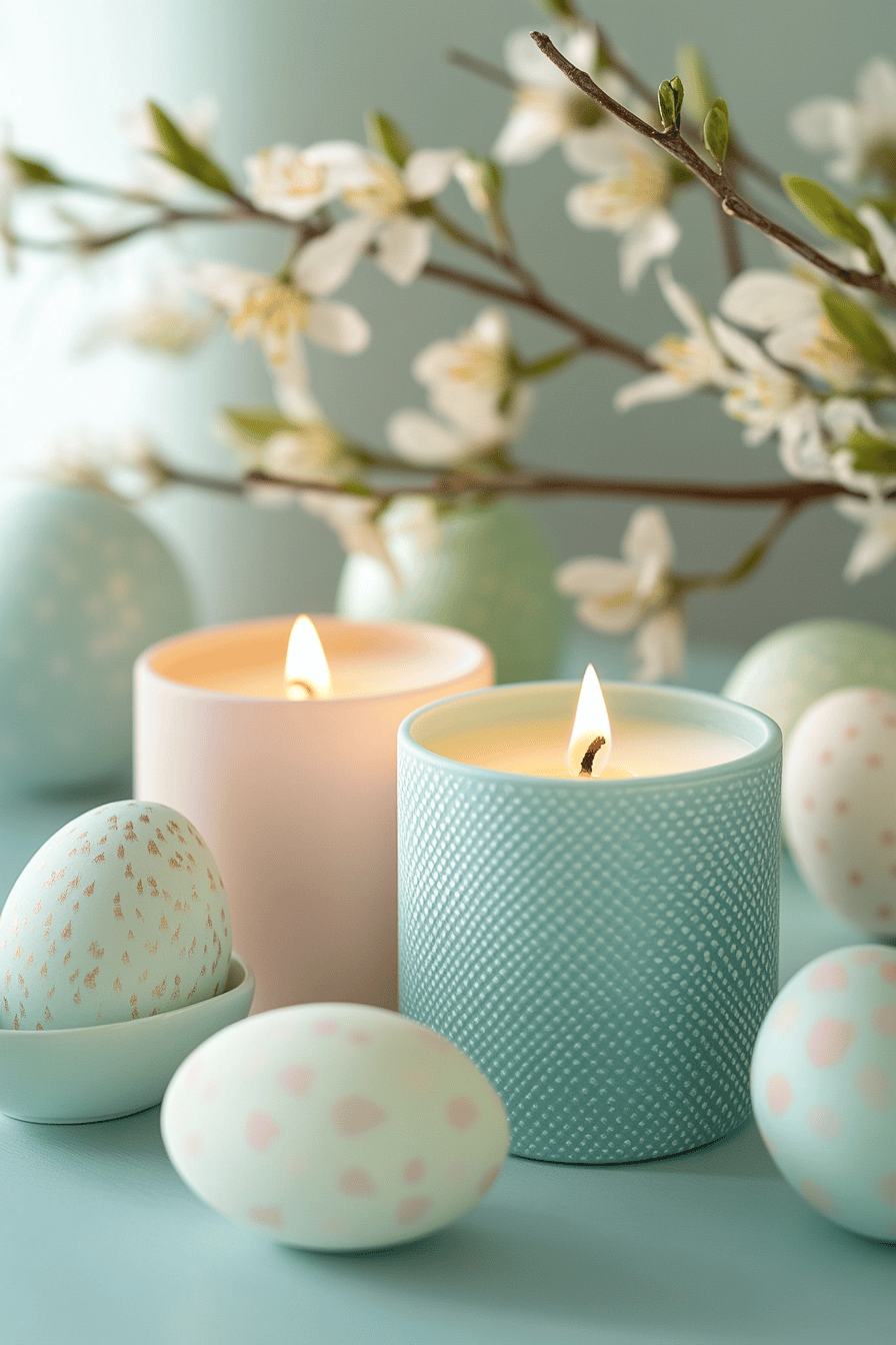 Pastellfarbene Duftkerzen und Ostereier auf einem blauen Tisch mit blühenden Zweigen.