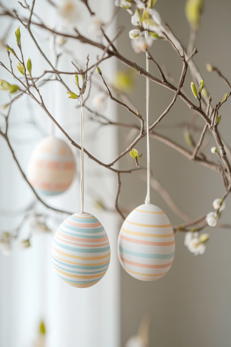 Zweige mit hängenden Ostereiern, die in sanften Pastellfarben gestreift sind.