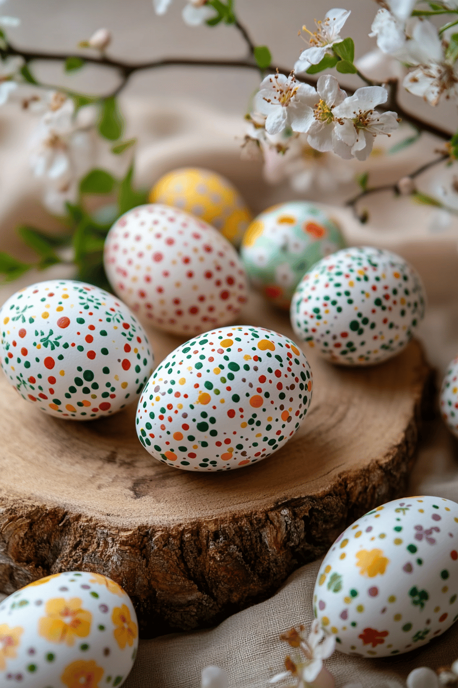 Bunte Ostereier, kunstvoll auf einer Baumscheibe arrangiert mit blühenden Zweigen.
