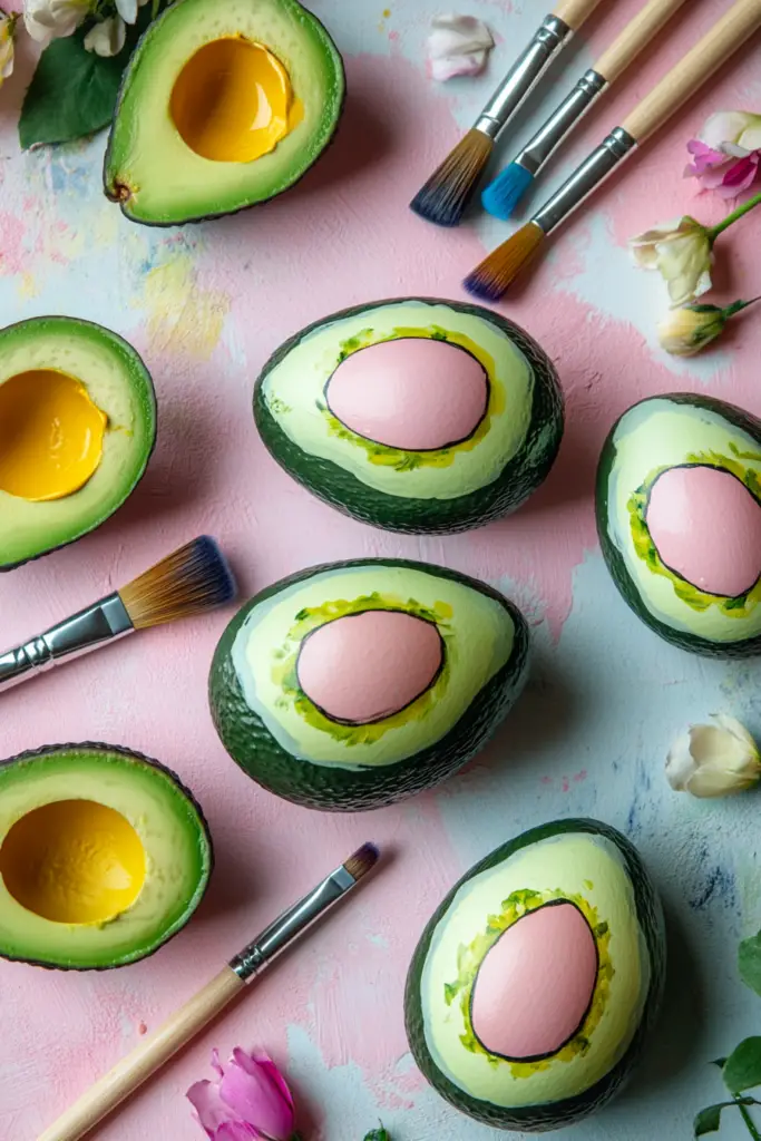 Bemalte Avocados mit Pinseln auf rosa Hintergrund.