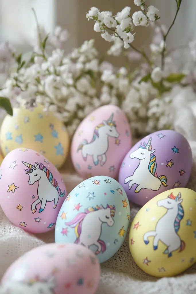 Bunte Ostereier mit Einhörnern und Blumen