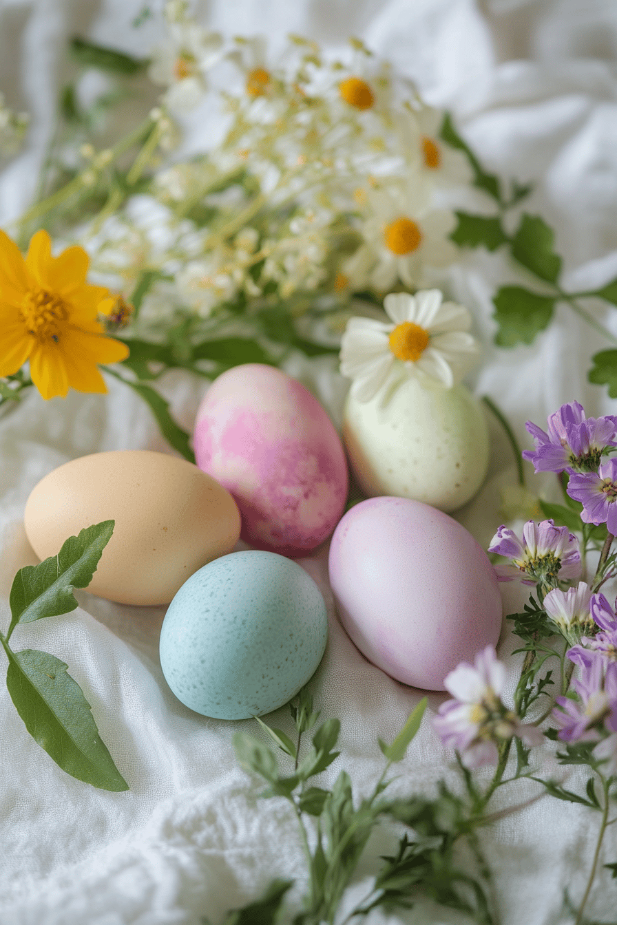 Pastellfarbene Ostereier umgeben von bunten Blumen auf einem weißen Tuch.