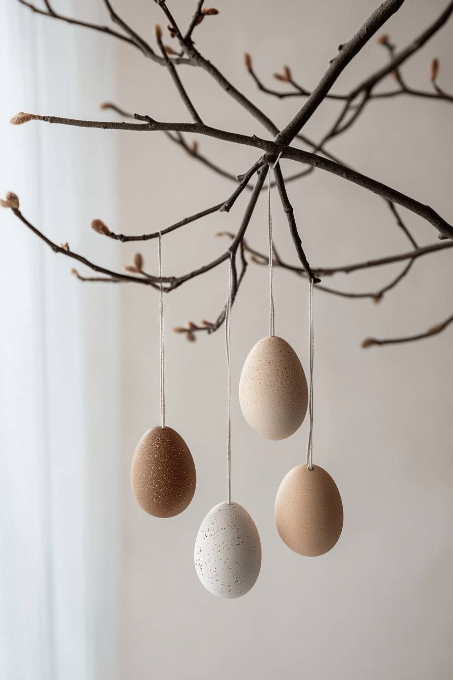 Dekorative Zweige mit hängenden Ostereiern in Erdtönen.