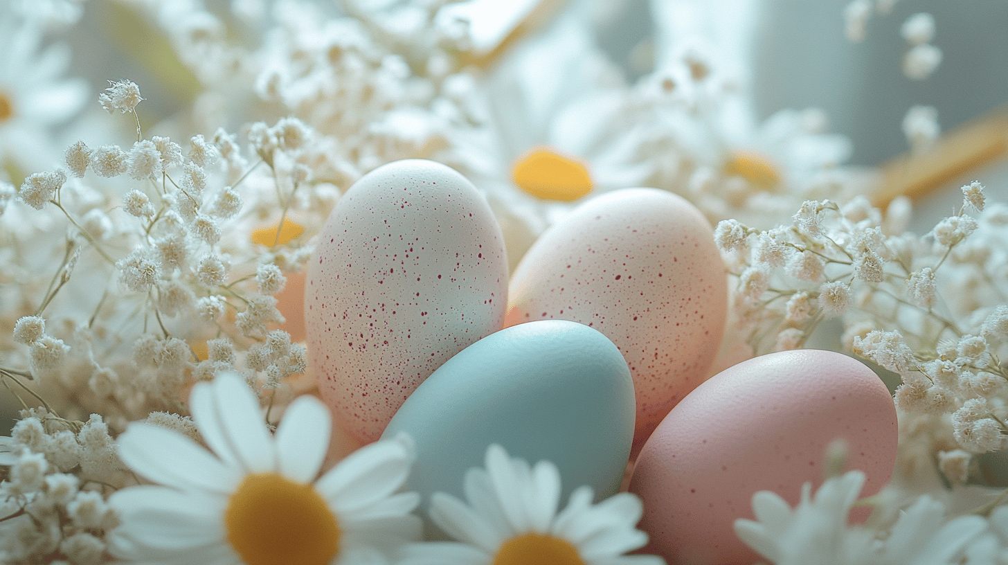 Bunte Ostereier und Gänseblümchen.