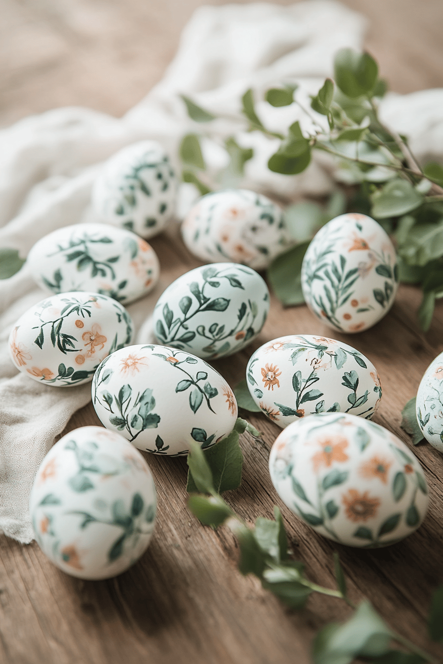 Ostereier mit handgemalten Blumenmustern in natürlichen Farben.