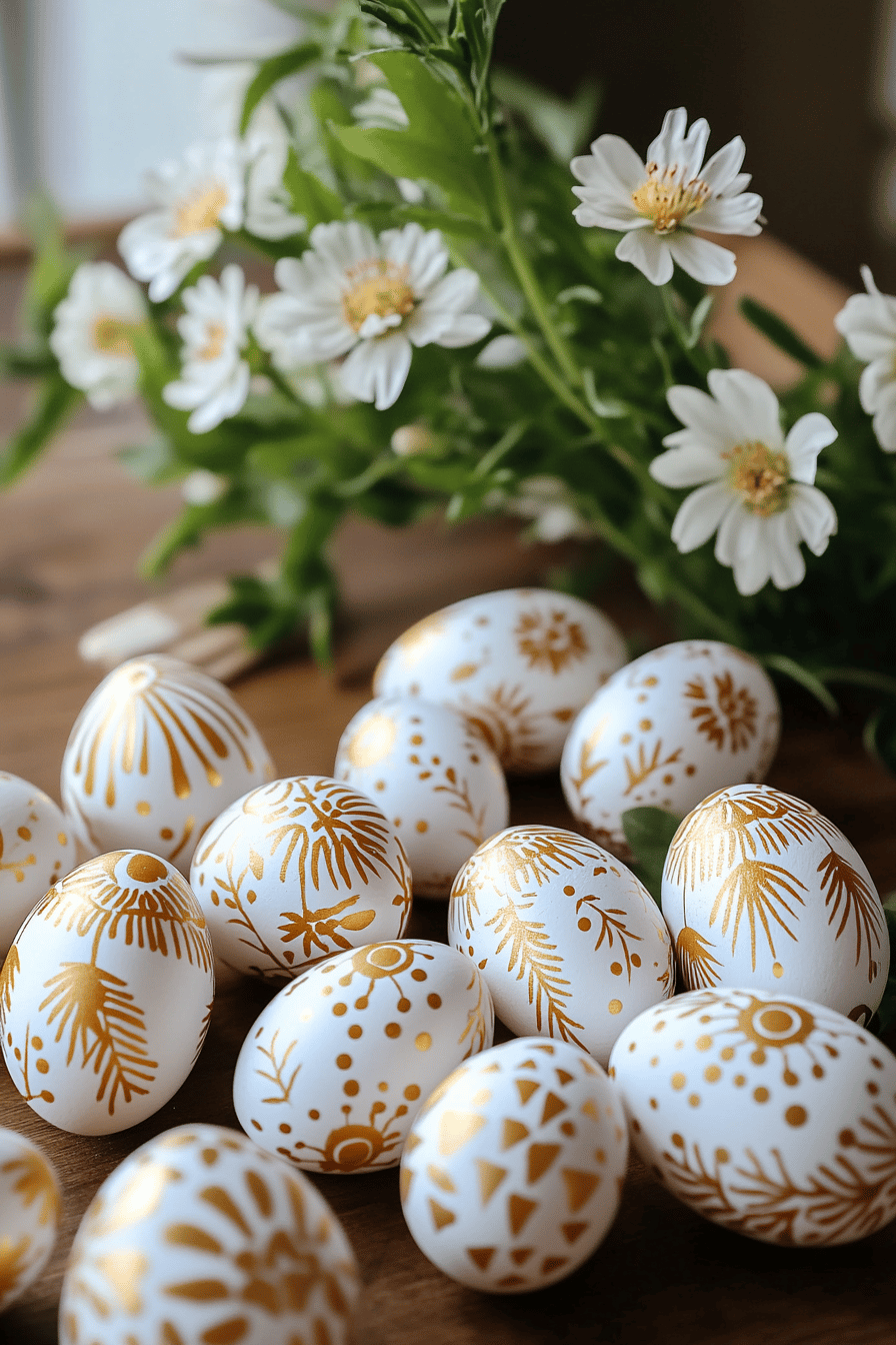 Weiße Ostereier mit goldenen Mustern verziert, umgeben von weißen Blumen.