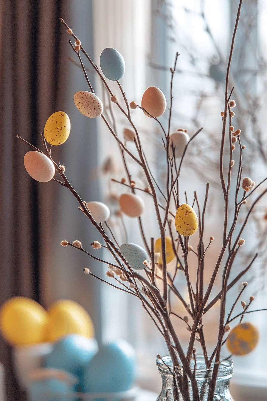 Zweige in einer Vase, dekoriert mit bunten Ostereiern.