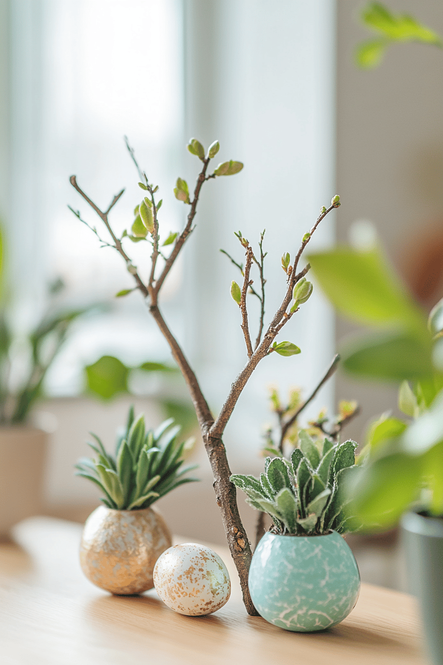 Kleine Pflanzen in dekorativen Eiern mit Zweigen arrangiert.
