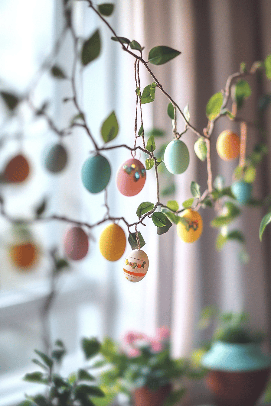 Zweige mit hängenden, bunt bemalten Eiern und grünen Blättern.
