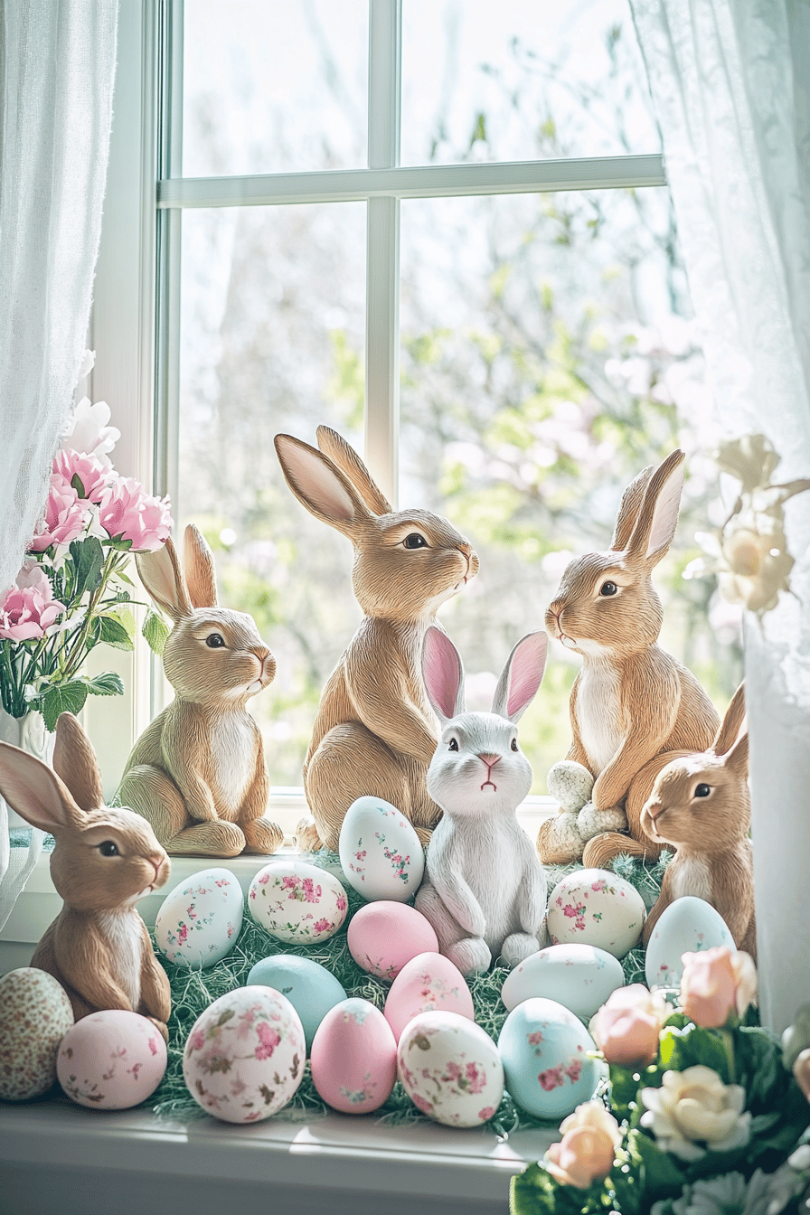 Osterhasenfiguren und bunte Eier dekorieren eine Fensterbank.