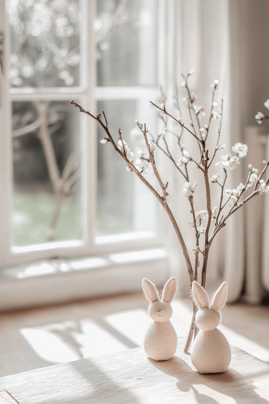 Kleine Osterhasen aus Stoff neben frühlingshaften Zweigen auf einem Tisch.