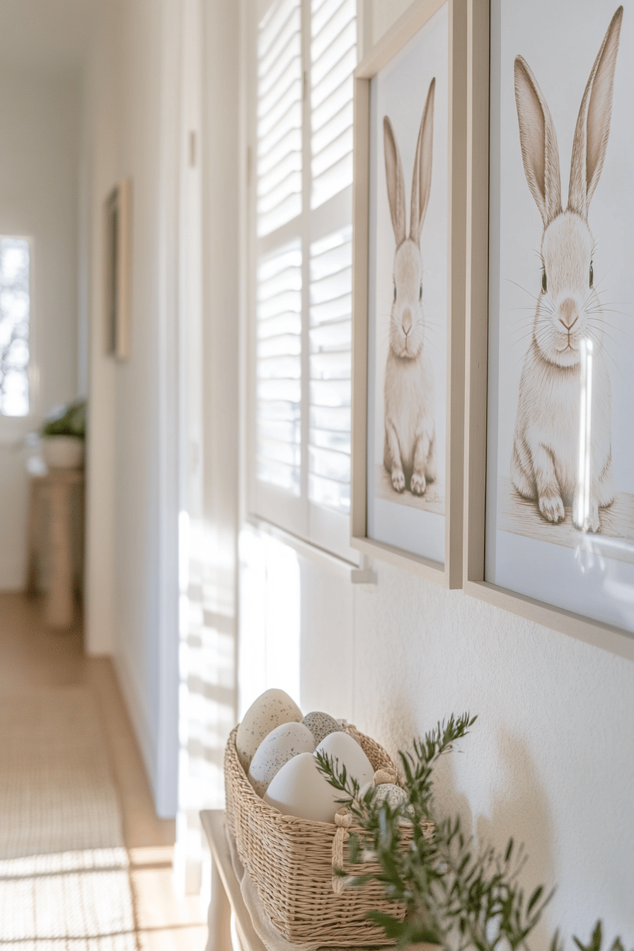 Ein Flur mit Osterhasenbildern und einem Korb mit Eiern.