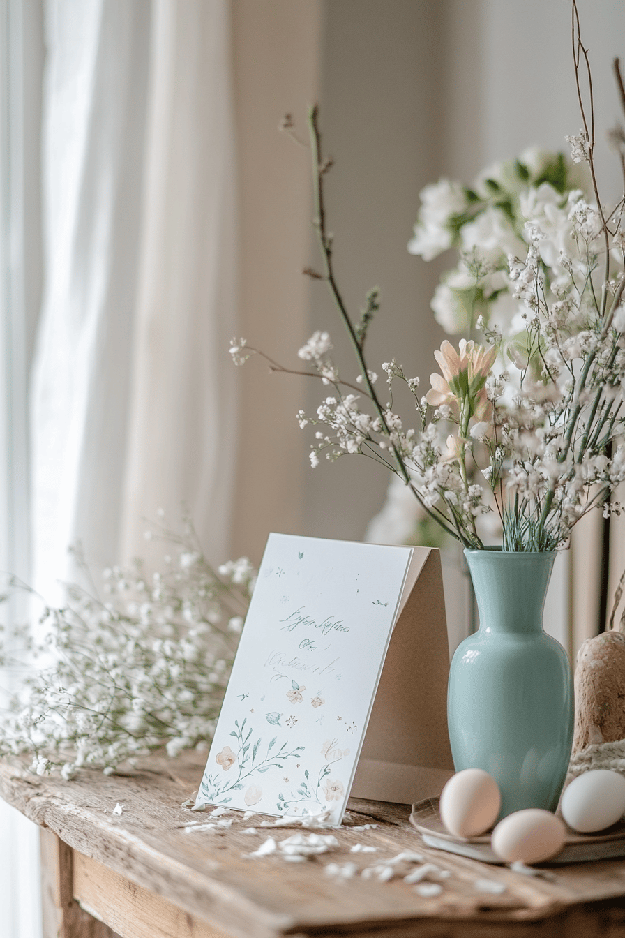 Eine handgemachte Osterkarte steht auf einem rustikalen Holztisch, umgeben von Blumen und Eiern.