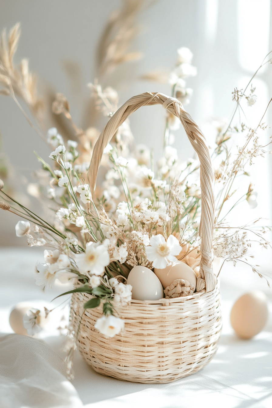 Ein Osterkörbchen aus geflochtenem Material, gefüllt mit Eiern und Blumen.