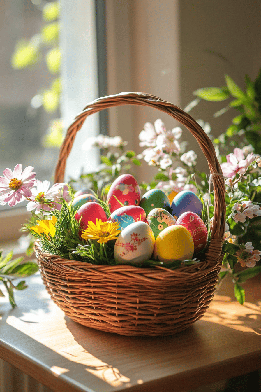 Ein Osterkorb mit bunt bemalten Eiern und Blumen darin.