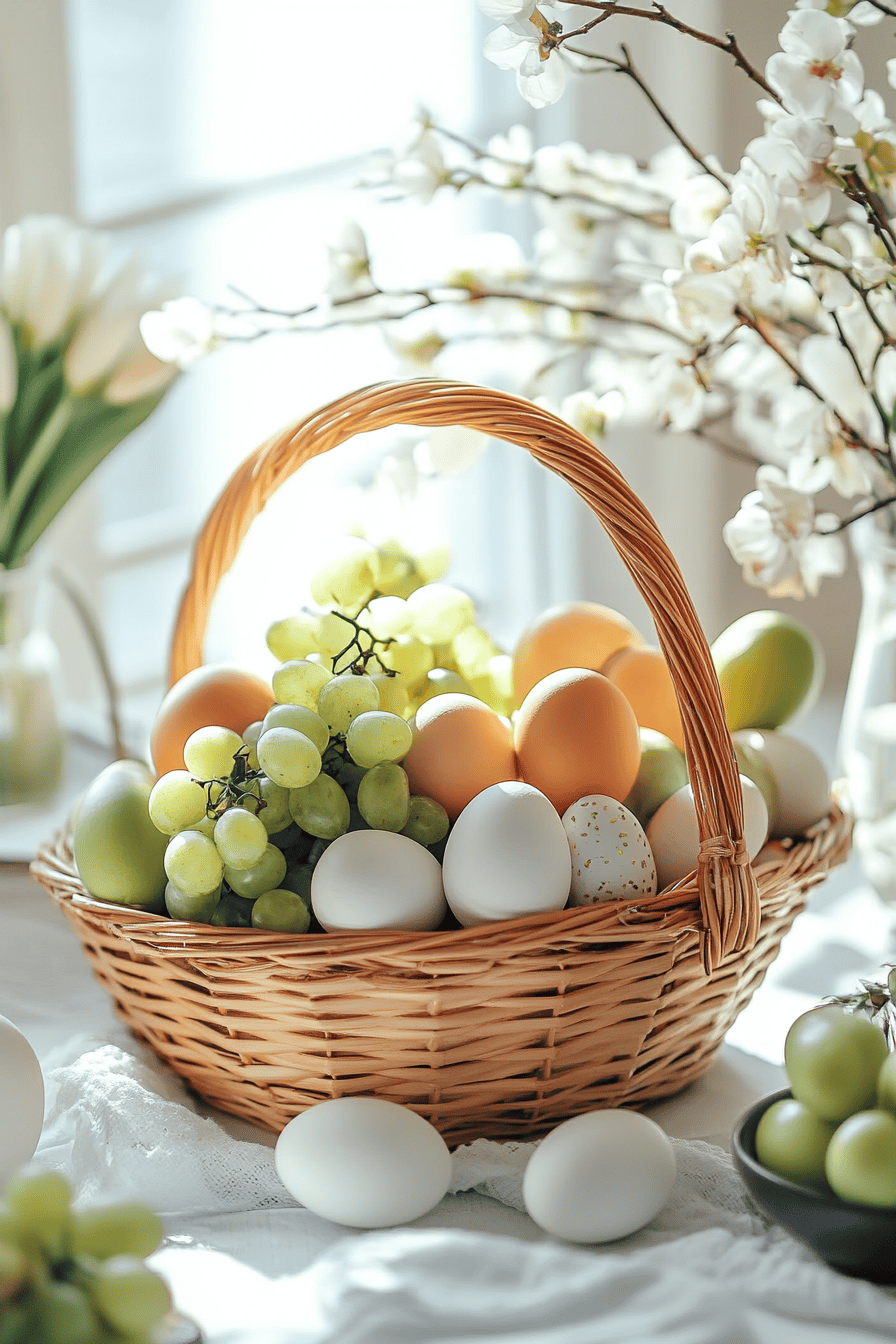 Ein Osterkorb mit bunten Eiern und Trauben zwischen Blumen.