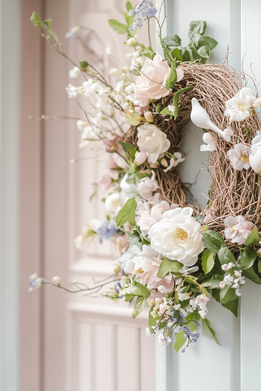 Türkranz mit weißen und rosafarbenen Blumen sowie kleinen Vogel-Elementen.