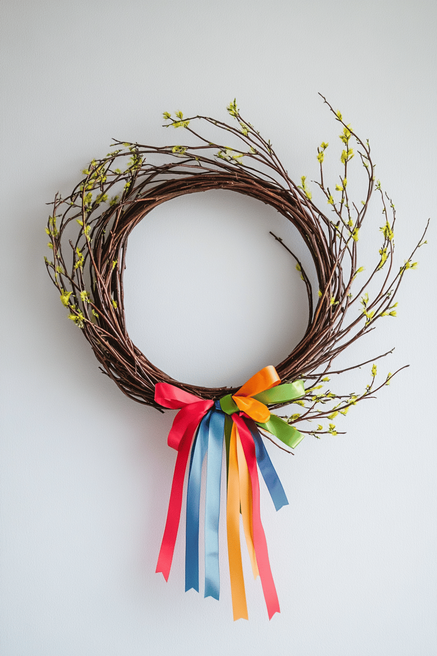 Ein dekorativer Osterkranz aus Zweigen mit bunten Bändern.
