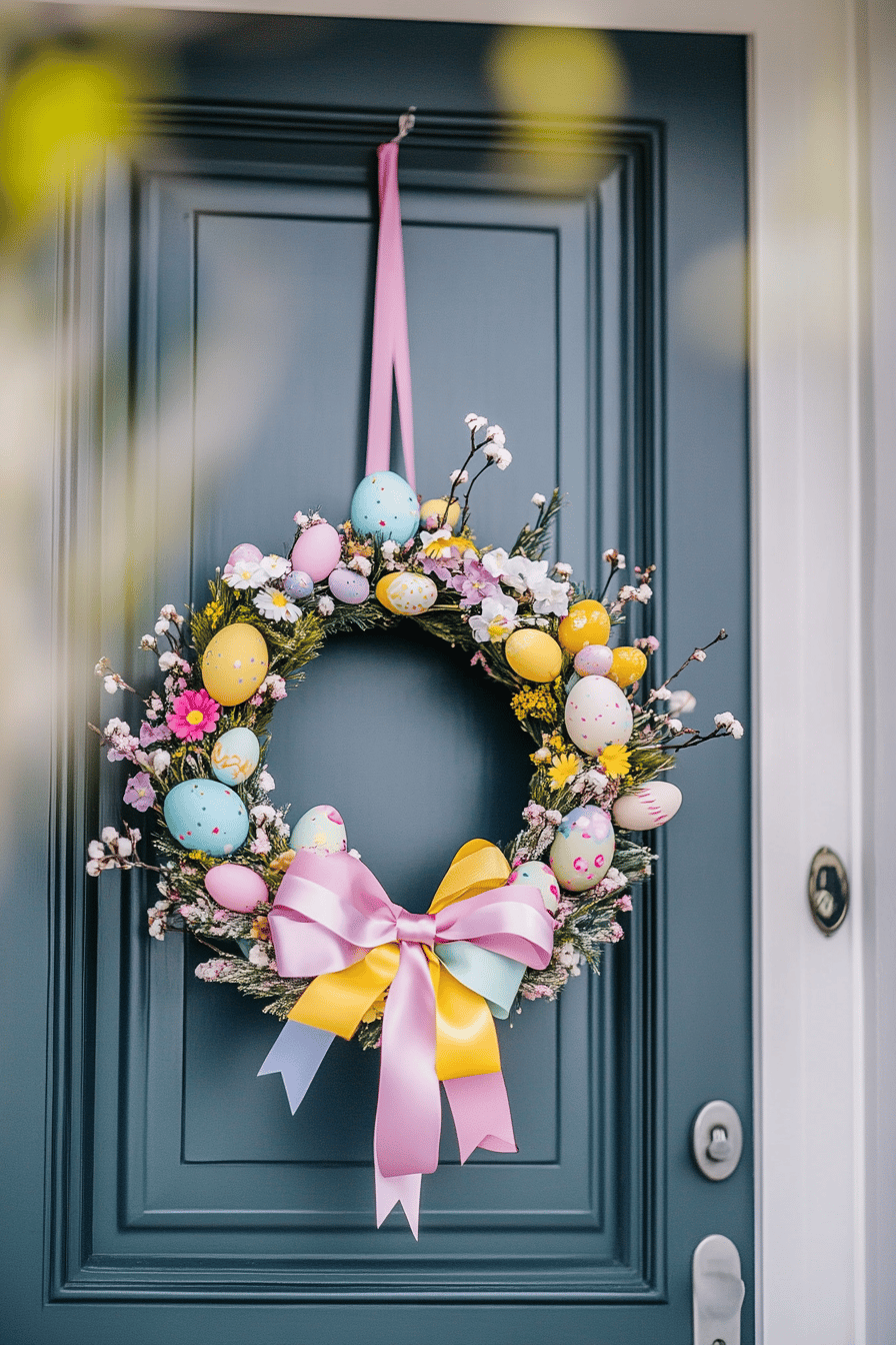 Türkranz mit bunten Eiern, Blumen und Schleifen an einer Tür.