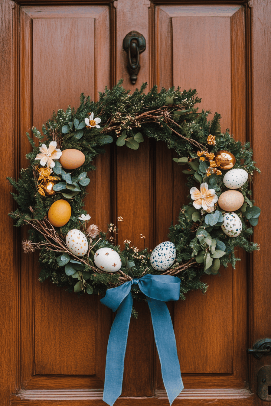 Ein Osterkranz aus Eiern, Blumen und grünen Zweigen an einer Tür.