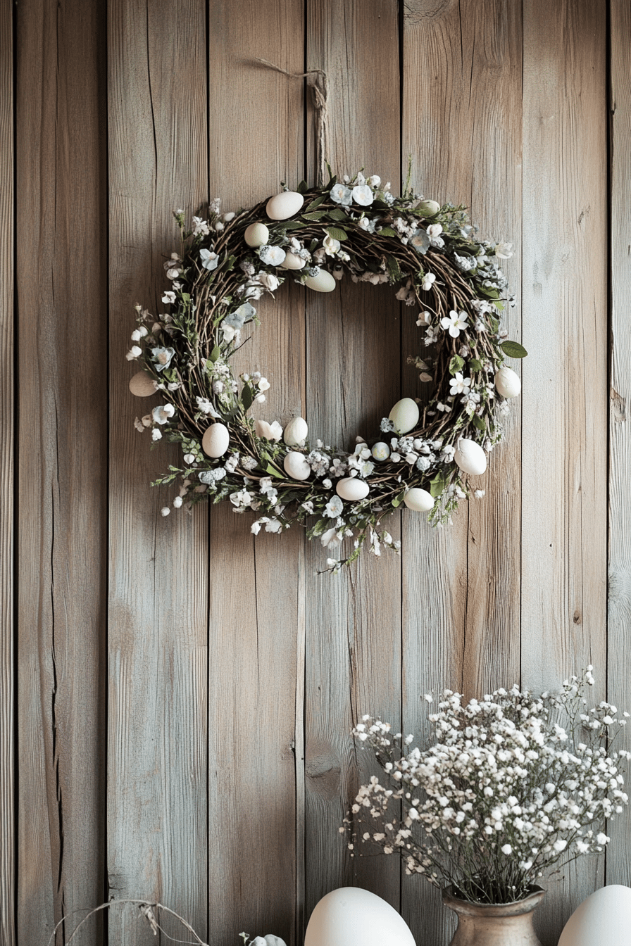 Ein dekorativer Osterkranz aus Naturmaterialien und Eiern an einer Holzwand.