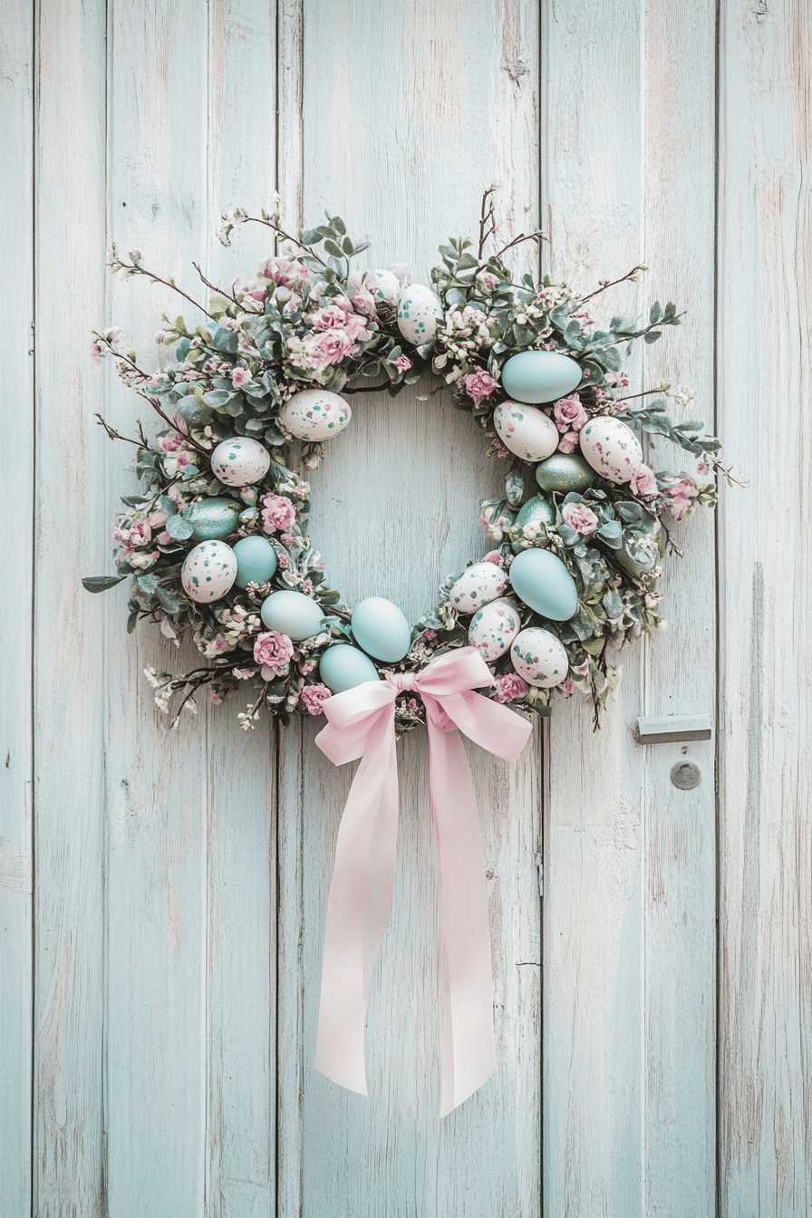 Ein Osterkranz mit pastellfarbenen Eiern und rosa Blüten auf einer Holztür.