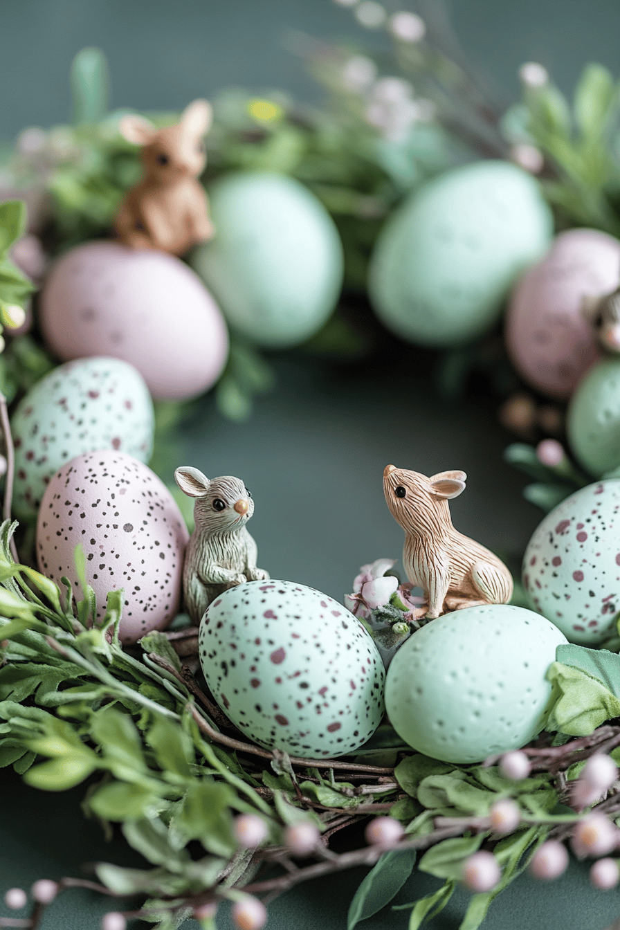 Österlicher Türkranz mit bunten Eiern und kleinen Tierfiguren.