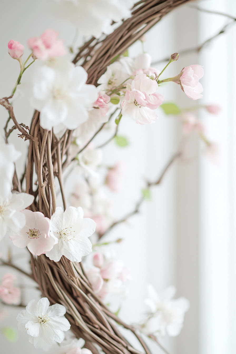 Ein Kranz aus Weidenzweigen dekoriert mit weißen und rosa Blüten.