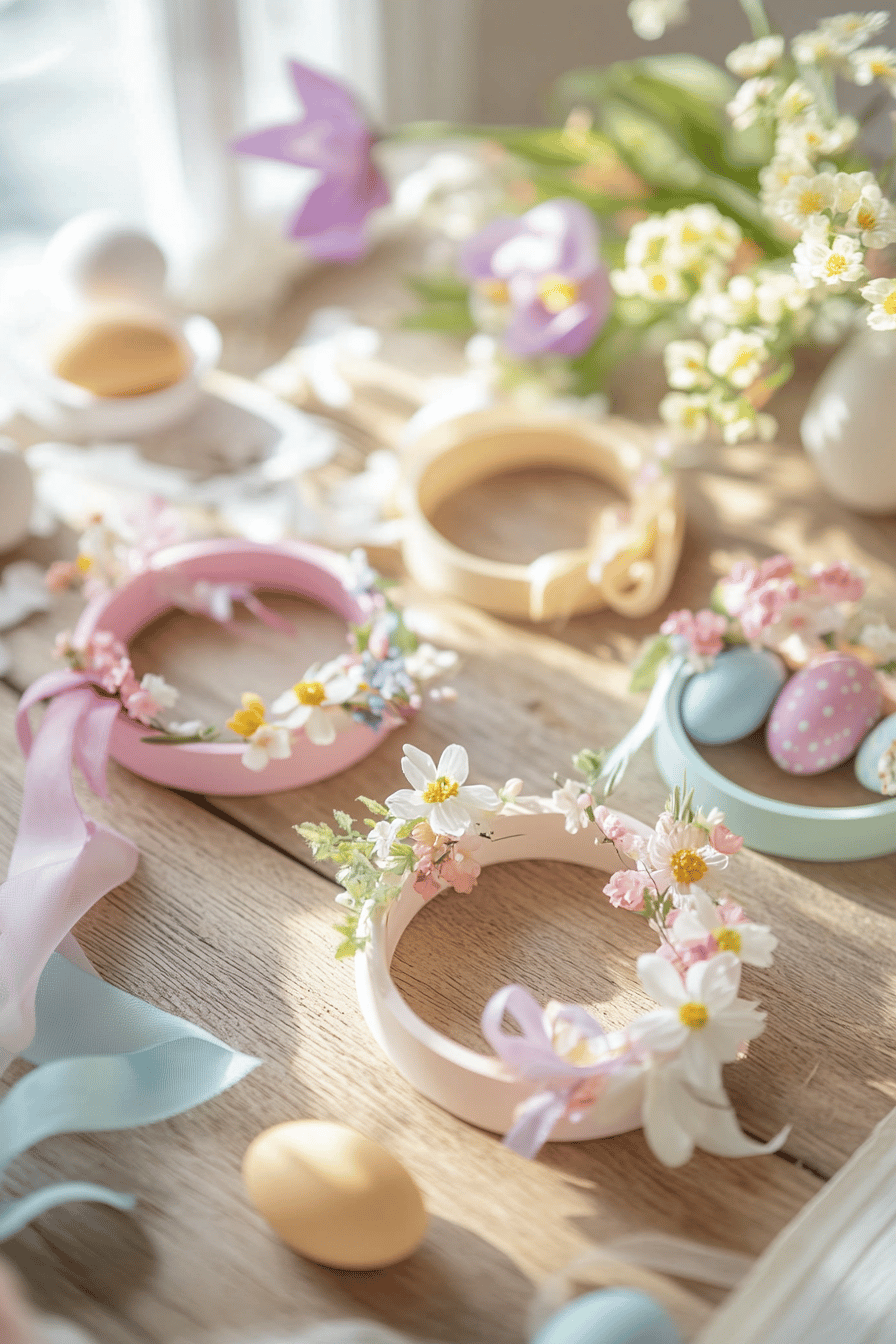 Verschiedene dekorierte Kranzringe auf einem Holztisch mit Blumen und Eiern.