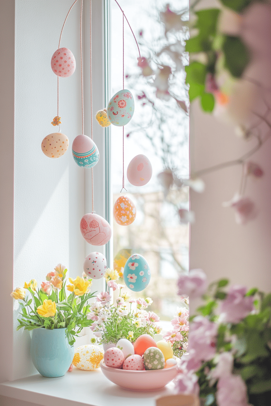 Fensterbank mit Ostermobile aus bunten Eiern und Frühlingsblumen.