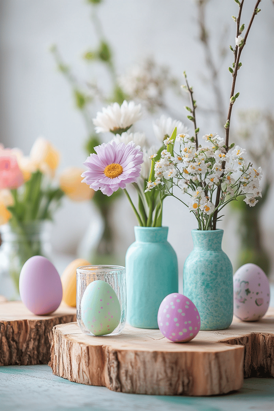 Pastellfarbene Vasen und dekorierte Ostereier auf rustikalen Baumscheiben.