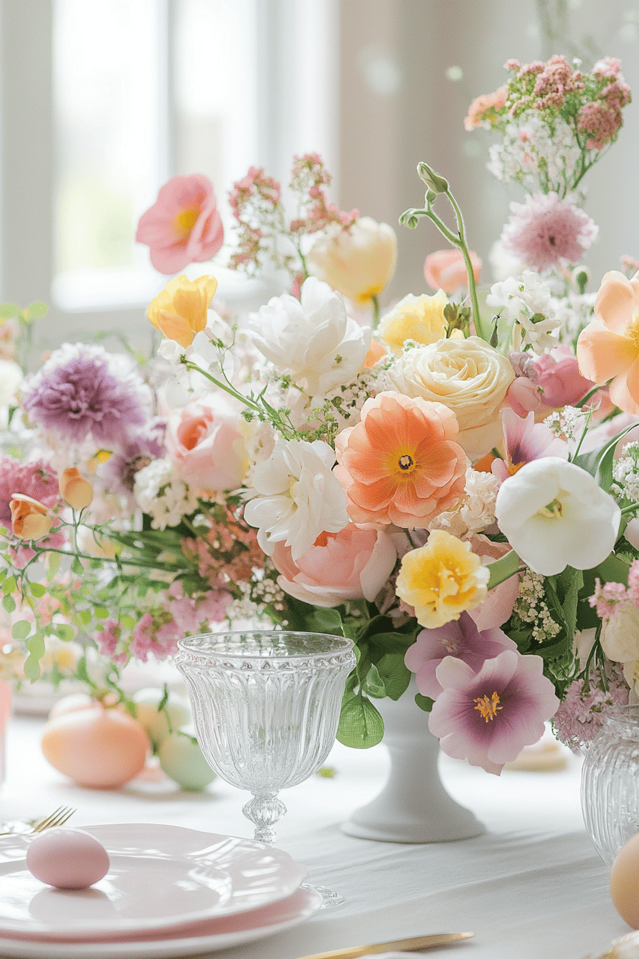 Ein Ostertisch dekoriert mit einem üppigen Blumenarrangement in Pastellfarben.