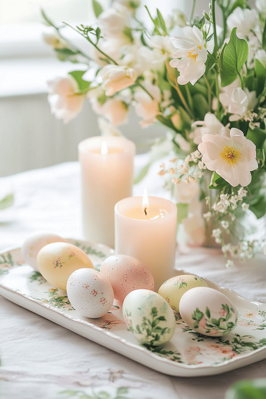 Mit Blumen verzierte Ostereier und brennende Kerzen auf einem Tablett.