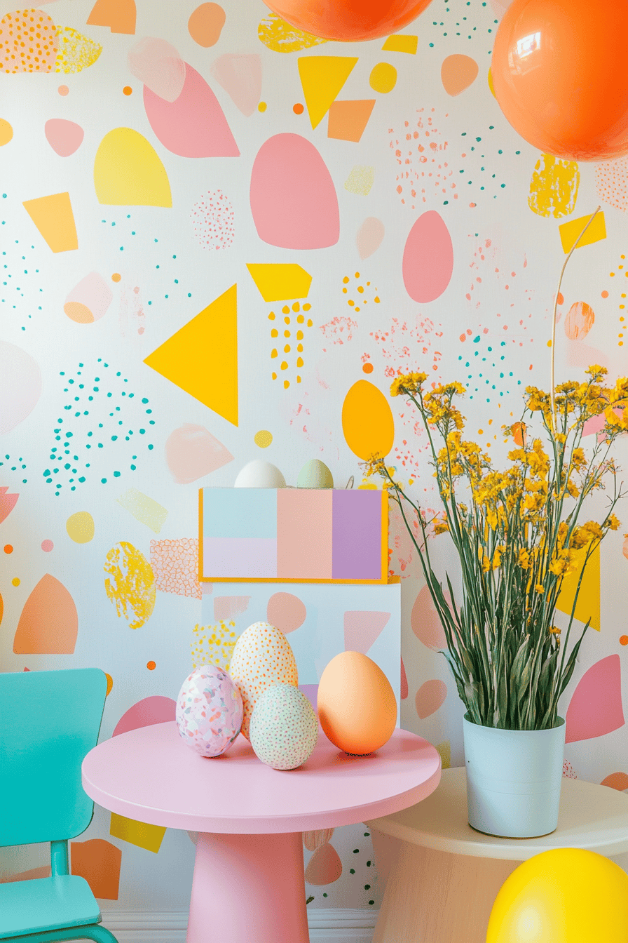 Buntes Zimmer mit grafischen Mustern an der Wand, Dekoeiern auf einem Tisch und Blumen.