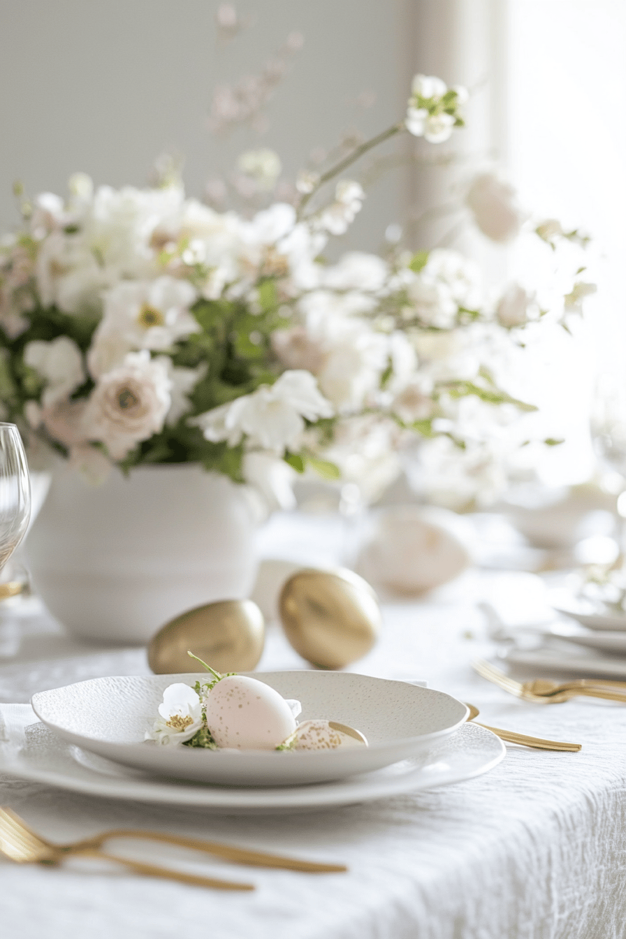 Ein stilvoll gedeckter Tisch mit goldenen Eiern und Blumen.