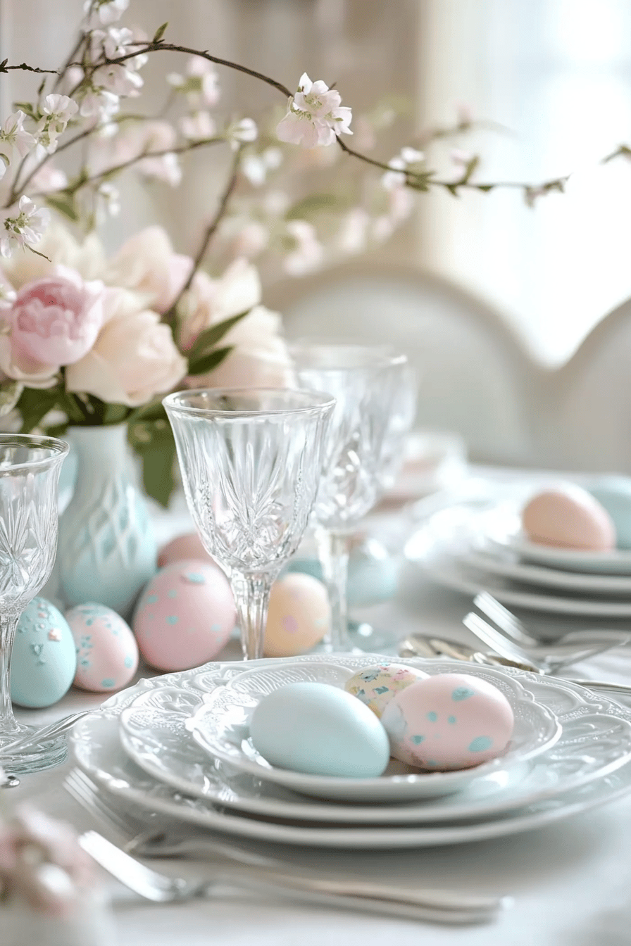 Tischdekoration mit Glas und Porzellangeschirr, verziert mit pastellfarbenen Ostereiern und Blumen.