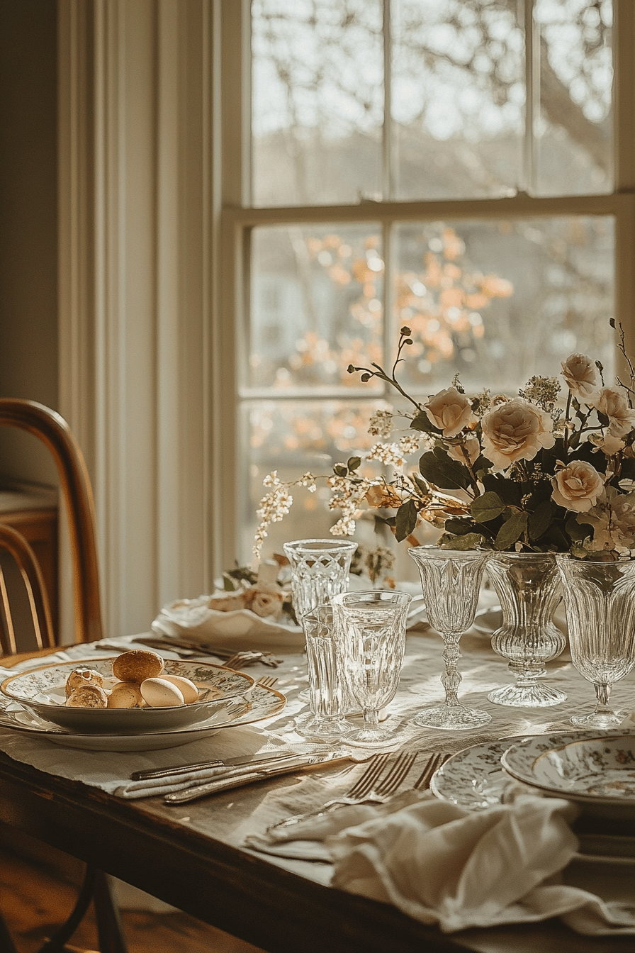 Ein elegant gedeckter Tisch mit feinem Porzellan, Kristallgläsern und frischen Blumen.