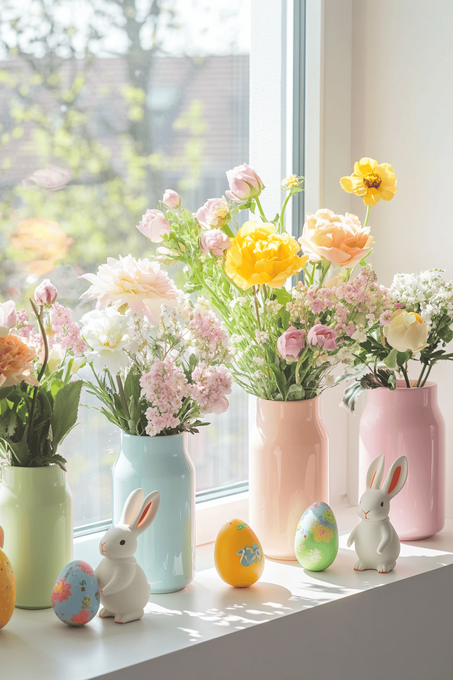 Ein Fensterbrett mit Vasen voller bunter Frühlingsblumen und Osterdekoration.