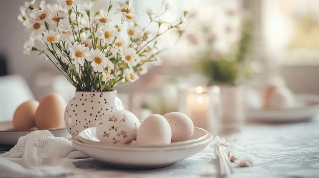 Frühlingstisch mit Blumen und Eiern dekoriert.