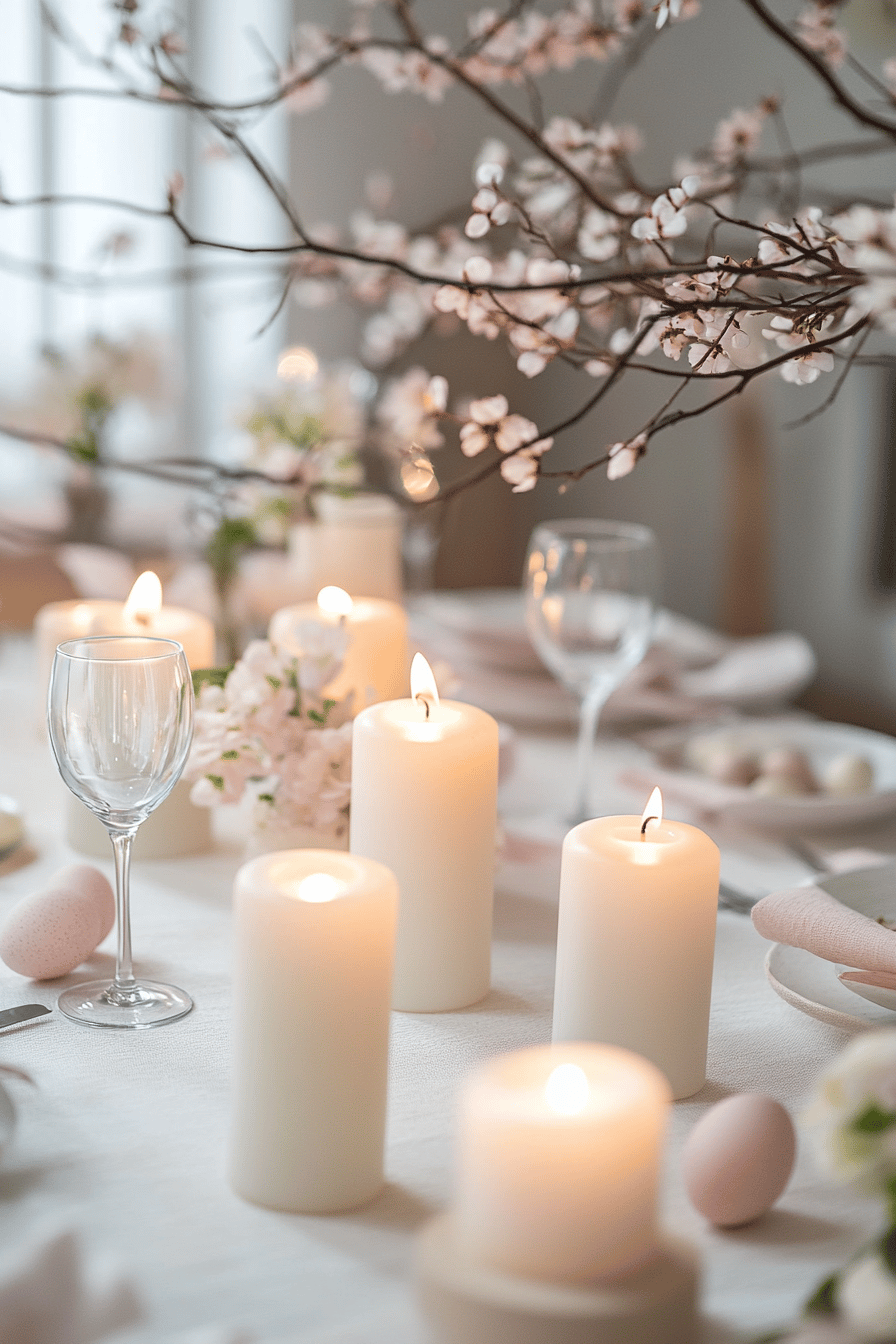 Ein festlich gedeckter Tisch mit Kerzen, Osterdekoration und Blumen.
