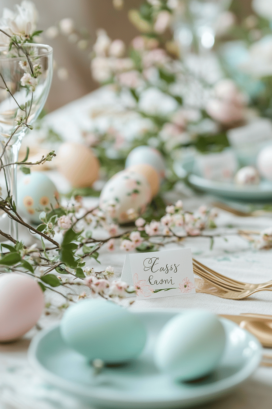 Eine elegante Ostertischdekoration mit handgeschriebenen Tischkarten und pastellfarbenen Eiern.